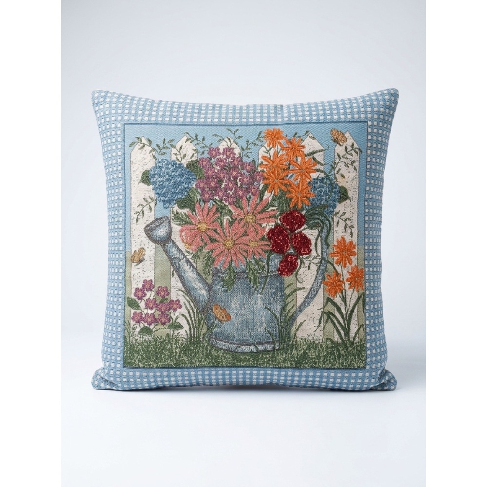 Vintage Cottagecore Woven Tapestry Floral Pillow Gingham Retro 90s Boho Fairy